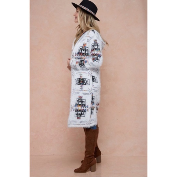 Aztec Rainbow Boho Cowichan Jacquard Eyelash Fuzzy Cardigan Knit Sweater - Picture 4 of 7